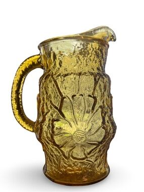 Anchor Hocking USA Hand-Blown Yellow Glass Vintage Floral Pitcher